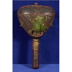 Superb Northwest Coast Rattle with Abalone Inlays Each Side Carved Differently ca. 1900  7" H. 4 …