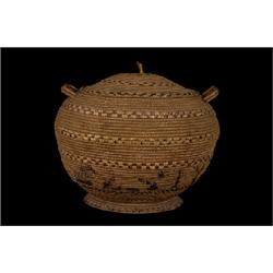 Large Circular Lidded Grain Storage Basket with Zoomorphic Figured Imbrication 17" D. 15 1/2" H. …