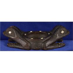 Fine Tlingit Carved Double Frog Bowl with Bead, Bone and Abalone Inlay ca. 1900  14" L. 6 1/2" W.…