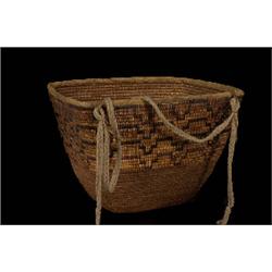 Early Thompson River Burden Basket with Woven Tumpline 17" L. 12" W. 12" H.  Fair Condition      …