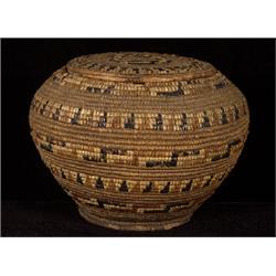 Circular Lidded Salish Grain Storage Basket 11 1/2" D. 8 1/4" H.  Fair Condition                 …