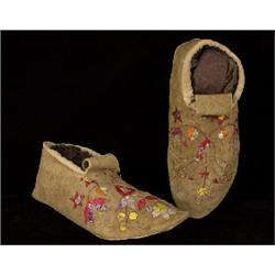 Pair of Sioux Porcupine Quill Moccasins with Parfleche Soles ca. 1900  Note Quill Loss           …