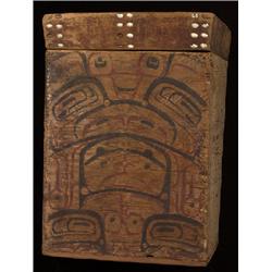 Very Rare 19TH C. Northwest Coast Bent Wood Box with Painted Design on all Four Sides and Lid Inl…