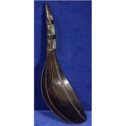 Unusual Old Abalone Inlaid Mountain Goat Horn Spoon with Incised Bowl Design 6 3/4" L.  Fine Cond…