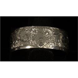 Finely Carved Northwest Coast Silver Bracelet Inscribed "If You go Down to the Woods" 7 1/4" L. 1…