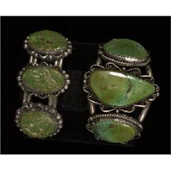 Two Navajo Silver and Turquoise Bracelets 7" L. 6 3/4" L.  Fine Condition                        …