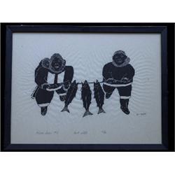 Signed Aliknak Good Catch Stone Cut Print 34/40  1973  25 1/2"x 19 1/2"  Fine Condition          …