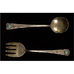 Old Hammered Coin Silver and Turquoise Spoon and Fork 4 1/2" H.  Good Condition                  …