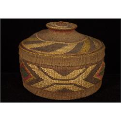 Very Fine Tlingit Rattletop Basket 6" D. 4 1/2" H.  Lid Covers Minor Repair to Rim               …