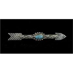 Old Pawn Coin Silver and Turquoise Arrow Brooch Signed "I. H."  4" W.  Fine Condition            …