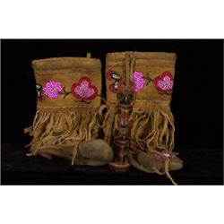 Pair of Old Beaded Child's High Top Moccasins and a Small Wood Totem 6 1/2" H.  Fair Condition   …