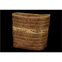 Large Makah Imbricated Cedar Bark Basket with Whaling Design 13" L. 11" H. 8 1/2" W.  Good Condit…