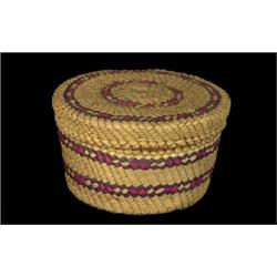 Nuu-chah-nulth Lidded Basket with Geometric Banding 2 1/4" D. 1 1/4" H.  Fine Condition          …