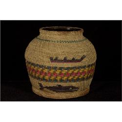 Nuu-chah-nulth Basketry Covered Jar Whaling and Arrow Designs 5 1/4" D.  Good Condition          …