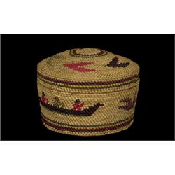 Lidded Nuu-chah-nulth Basket with Duck and Whaler Design Purchased 1972 Ucluelet 3 1/4" D.  Excel…