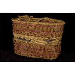 Makah Carry Basket with Canoe and Bird Design Neah Bay, WA 11" L. 6 1/2" W. 7" H.  Good Condition…
