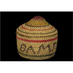 Nuu-chah-nulth Dome Top Basket with Bamfield, B.C. Design 1 3/4" D. 1 3/4" H.  Fine Condition    …