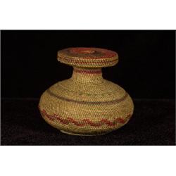Extremely Fine and Rare Nuu-chah-nulth Basketry Covered Miniature Bottle and Top 2 1/4" H. 2 1/4"…
