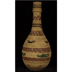 Fine Nuu-chah-nulth Basketry Covered Bottle Birds and Whale Motif ca. 1930  11" H.  Excellent Con…