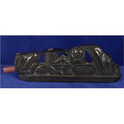 Carved Argillite Panel Pipe Haida Bear Prince, Bear Mother with Eagle by Gary Russ 10 1/2" L. 3 1…