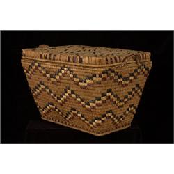 Rectangular Handled Salish Storage Basket with Zig Zag Imbrication 20" L. 14" W. 12 1/2" H.  Fine…