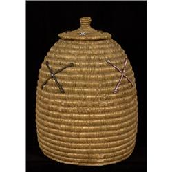 Fine Old Inuit "Beehive" Basket with Applied Beadwork ca. 1900  17" H. 13" D.  Good Condition    …