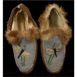 Pair of Beaded Moccasins with Trade Wool and Dragon Fly Design  Fair Condition                   …