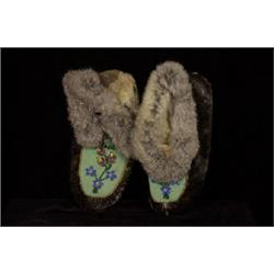 Seal Skin Beaded Moccasins with Floral Alaska Design ca. 1930  Fair Condition  Not Allowed to Shi…