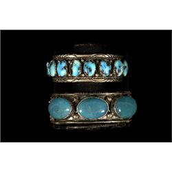 Two Navajo Silver and Turquoise Bracelets 6 1/2" L. 7" L.  Fine Condition                        …