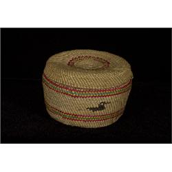 Nuu-chah-nulth Lidded Basket with Duck Motif 3" D. 2" H.  Fine Condition                         …