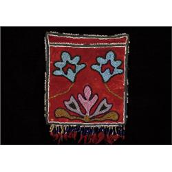 19TH C. Beaded Red Stroud Pouch with Russian Blue Trade Bead Fringe ca. 1890  9" H. 7" W. Some Mi…