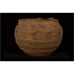 Very Rare Chilcotin Zoomorphic Figured Gathering Basket with Imbricated Quill Work 13" D. 10" H. …