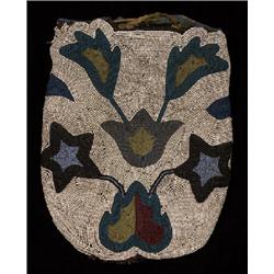 Old Plateau Fully Contoured Beaded Bag with Floral Motif ca. 1870  11 1/2" H. 9 1/4" W.  Good Con…