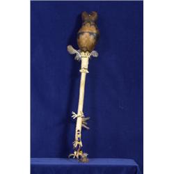 Rawhide Owl Rattle with Beaded Shaft and Talon Base Has Been Danced 24 1/2" L.  Fine Condition  N…