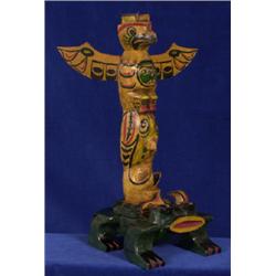 Salish Totem Four Figures Frog, Two Whales, Thunderbird with Frog Base By Gabe Moody 1950's  13" …