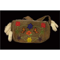 Beaded Deerskin Purse with Rabbit Fur 13" W. 8 1/2" H.  Fair Condition                           …