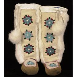 Pair of Beaded Hightop Ladies Moccasins Floral Motif with Rabbit Fur  Fine Condition             …