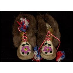 Pair of Beaded Hightop Child's Moccasins Floral Motif Muskrat Fur Trim  Good Condition           …