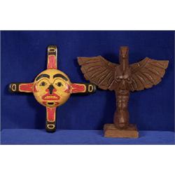 Chief Sea Gull Carved Cedar Totem 9" H.  Good Condition and a Painted Cedar Sun Plaque 9" W.  Goo…