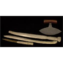 Three Bone and Antler Snow Knives 13" L.- 8" L. and an Ulu 5 1/2" W.  Fine Condition             …