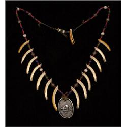 Athabascan Trade Bead and Beaver Tooth Necklace Hung with Hudson Bay Style Silver Medal  Good Con…