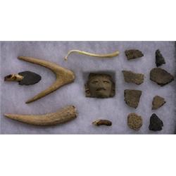 Frame of Fourteen Ivory, Antler, Bone and Pottery Artifacts  Not Allowed to Ship to U.S.A.       …