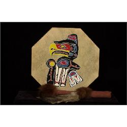 Painted Deerskin Drum 12" W. with Stick  Good Condition                                          …