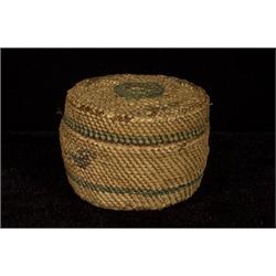 Nuu-chah-nulth Lidded Basket with Blue Band 2 1/2" D. 1 1/2" H.  Fair Condition                  …