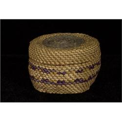 Nuu-chah-nulth Lidded Basket with Ducks and Canoe 2 3/4" D. 1 3/4" H.  Fair Condition            …