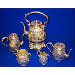 AN ELECTROPLATE FIVE PIECE TEA SET; BY MAPPIN & WEBB, 19th CENTURY, comprising a kettle on stand;...