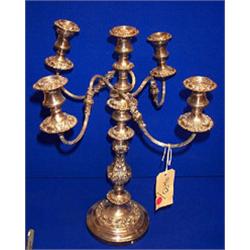 A FIVE BRANCH PLATED CANDELABRA, 19th CENTURY, on foliate knobbed stem, 52cms high....