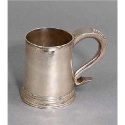 A RARE PLAIN TAPERING TANKARD, DUBLIN, 1704/6, JOHN CUTHBERT, with deep skirt, and hollow scroll...