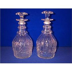 AN UNUSUAL PAIR OF LARGE MALLET SHAPED DECANTERS, IRISH, PROBABLY WATERFORD, three neck rings and...
