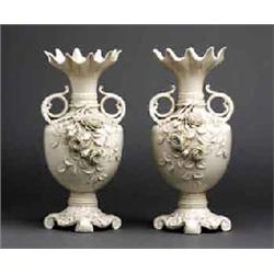 A PAIR OF BELLEEK "ROSE ISLAND" VASES, SECOND PERIOD (1891-1926), encrusted with a spray of roses...